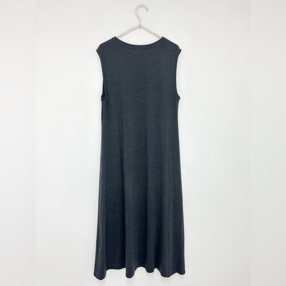 Eileen Fisher Stretch Knit Jersey V-Neck Sleeveless Shift Midi Dress in Grey - Picture 3 of 6